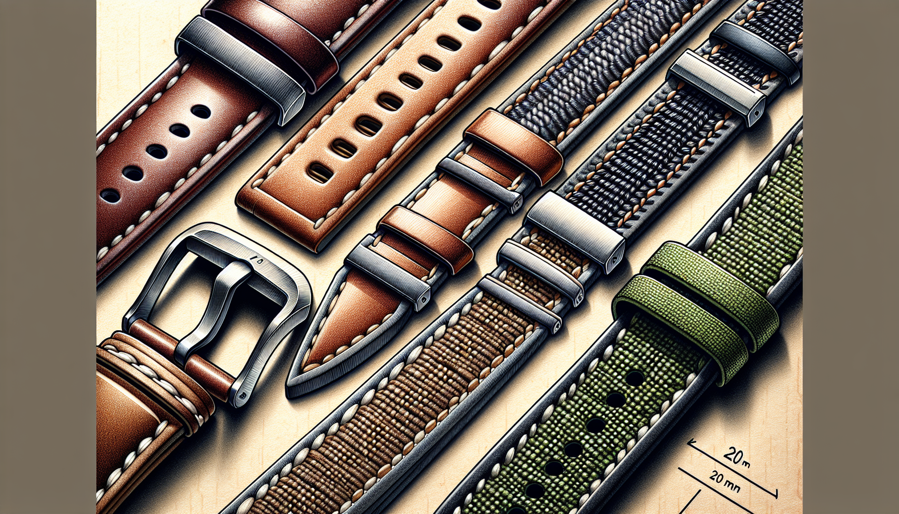 Variety of 20 mm watch straps including leather and metal