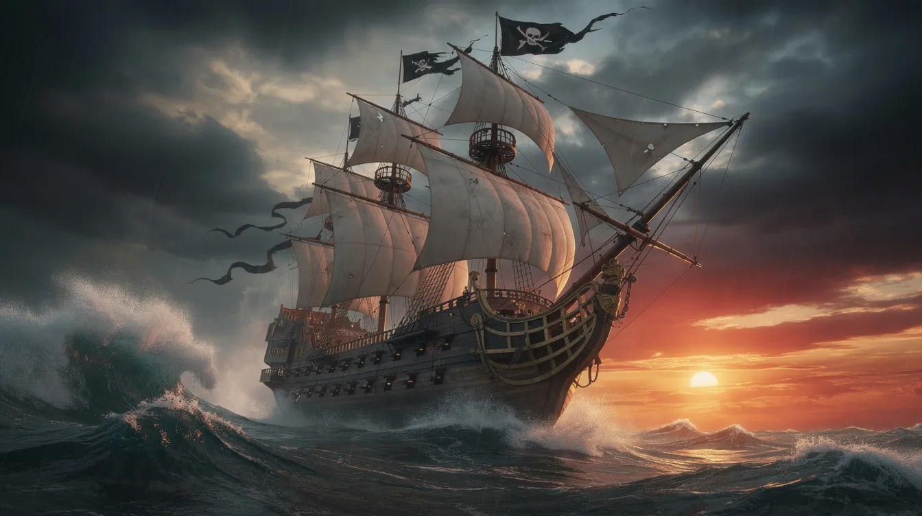 Ein großes Piratenschiff mit mehreren Masten und wehenden Segeln kämpft sich durch die stürmische See, während ein dramatischer Sonnenuntergang den Himmel in leuchtenden Farben erstrahlen lässt. Diese Szenerie erinnert an die epischen Abenteuer aus Filmen wie "Pirates of the Caribbean", die mit hohen Produktionskosten und beeindruckenden Spezialeffekten in die Filmgeschichte eingegangen sind.