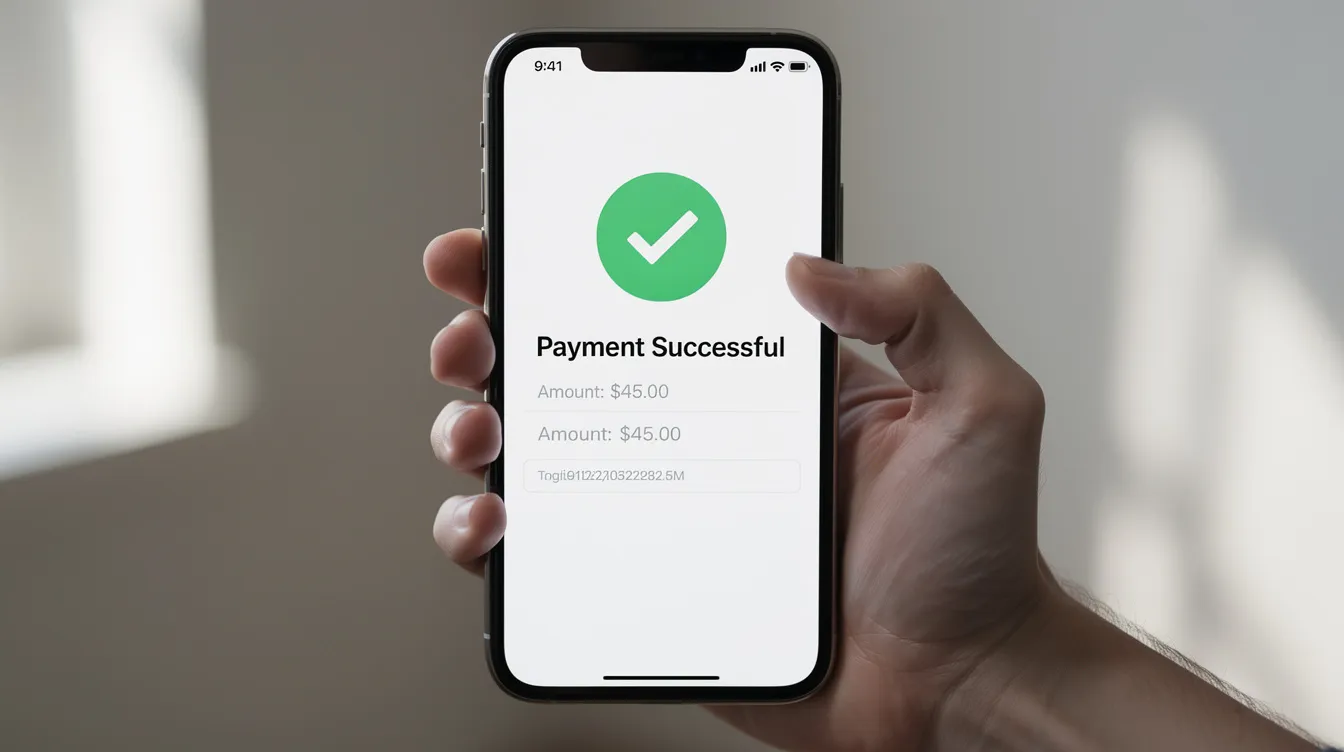 An image shows a hand holding a smartphone displaying a payment confirmation screen featuring a green checkmark, indicating a successful transaction for sending money online. This visual represents the ease of using city union bank's services for international money transfers.
