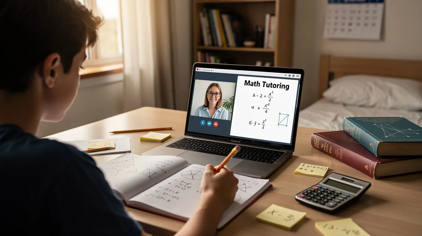 A student is engaged in an online session with a GCSE maths tutor, working on exam style questions and specific topics related to their upcoming maths exams. The scene highlights the use of digital resources such as practice papers and revision guides to aid in their exam preparation.