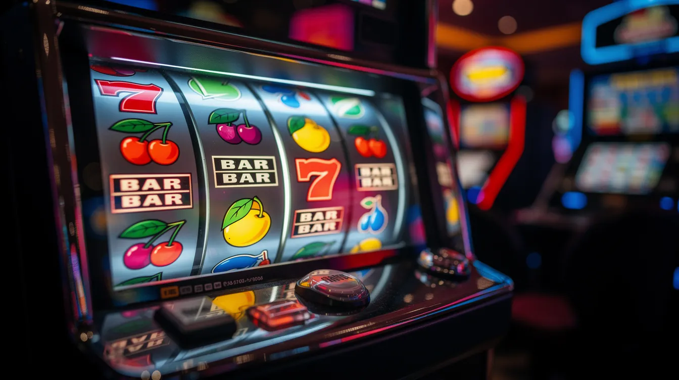 The image features vibrant slot machine reels illuminated in a dimly lit casino, showcasing a thrilling gaming experience with colorful symbols that attract slot lovers. The glowing environment enhances the excitement of online casinos, inviting players to explore their favorite games and enjoy generous bonuses.
