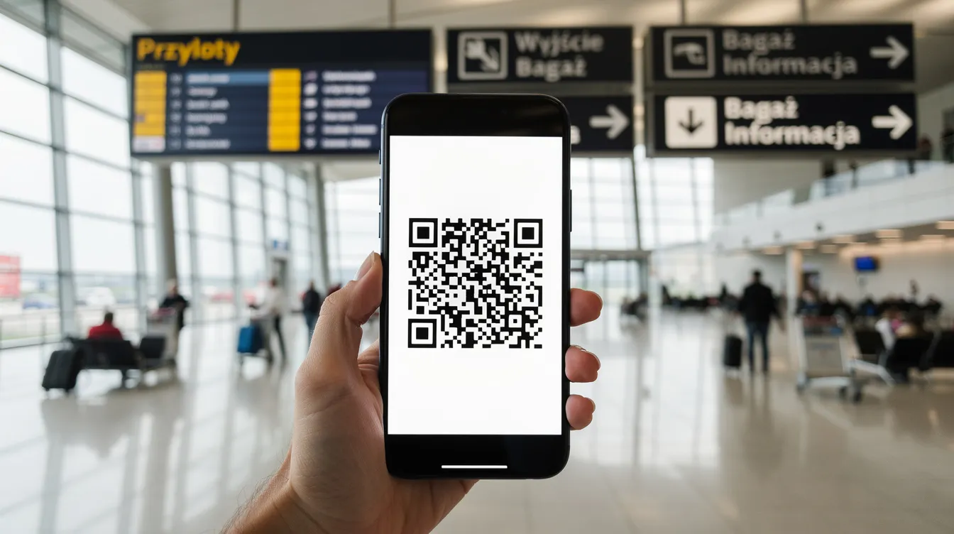 Na zdjęciu widać dłoń trzymającą smartfon, na którego ekranie wyświetla się kod QR, a w tle znajduje się lotniskowa hala przylotów. Taki kod QR może być użyty do aktywacji lokalnej karty SIM, co pozwala uniknąć wysokich opłat roamingowych w Egipcie.