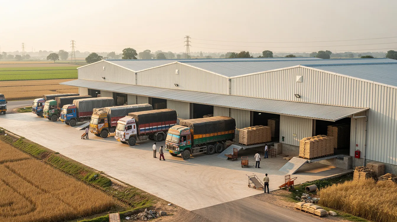 98f3cab4 3ac4 419f 8bfc 2a2f32ce77dc The image depicts a large modern grain warehouse facility in a rural Indian agricultural setting, showcasing trucks parked at loading docks ready for operations. The structure emphasizes efficient grain storage capacity with silos and a robust design, reflecting the importance of private warehousing schemes for farmers' welfare and the management of agricultural products.