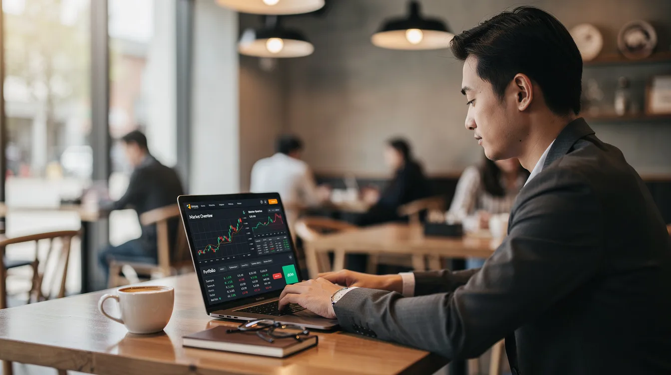 A young professional is sitting in a coffee shop, using a laptop to browse financial websites, likely searching for information on personal loans and their application process. The scene captures the essence of modern financial management, as the individual explores options such as online loans and interest rates, possibly considering免 tu 貸款 for their financial needs.