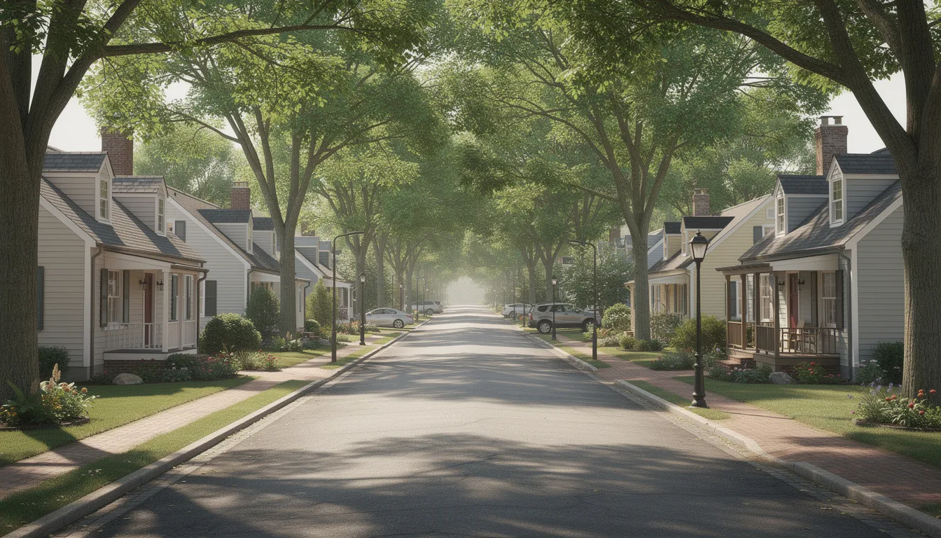The image depicts a serene, tree-lined residential street featuring smaller Cape Cod style homes, perfect for those seeking a maintenance-free lifestyle. This cozy community offers a peaceful environment, ideal for families and retirees looking to enjoy life in Connecticut.