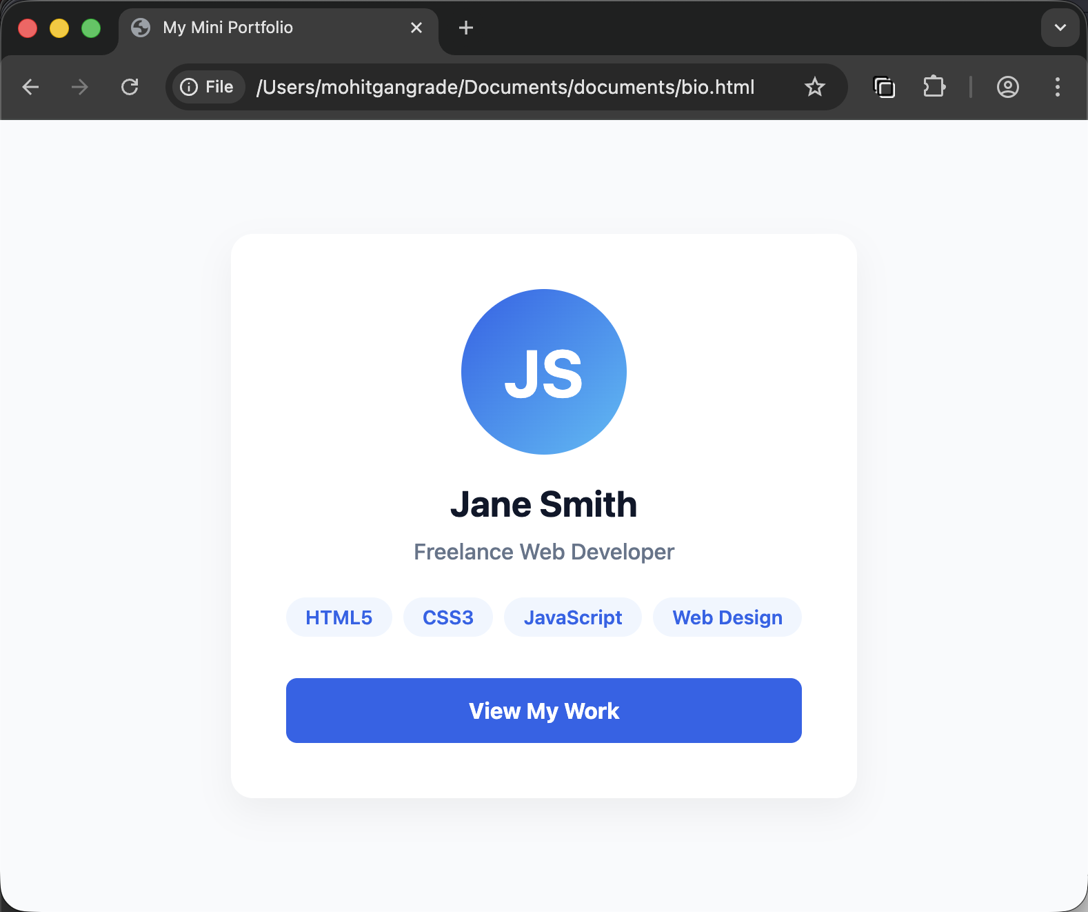 HTML file opened using the File Protocol in Chrome on MacOS.