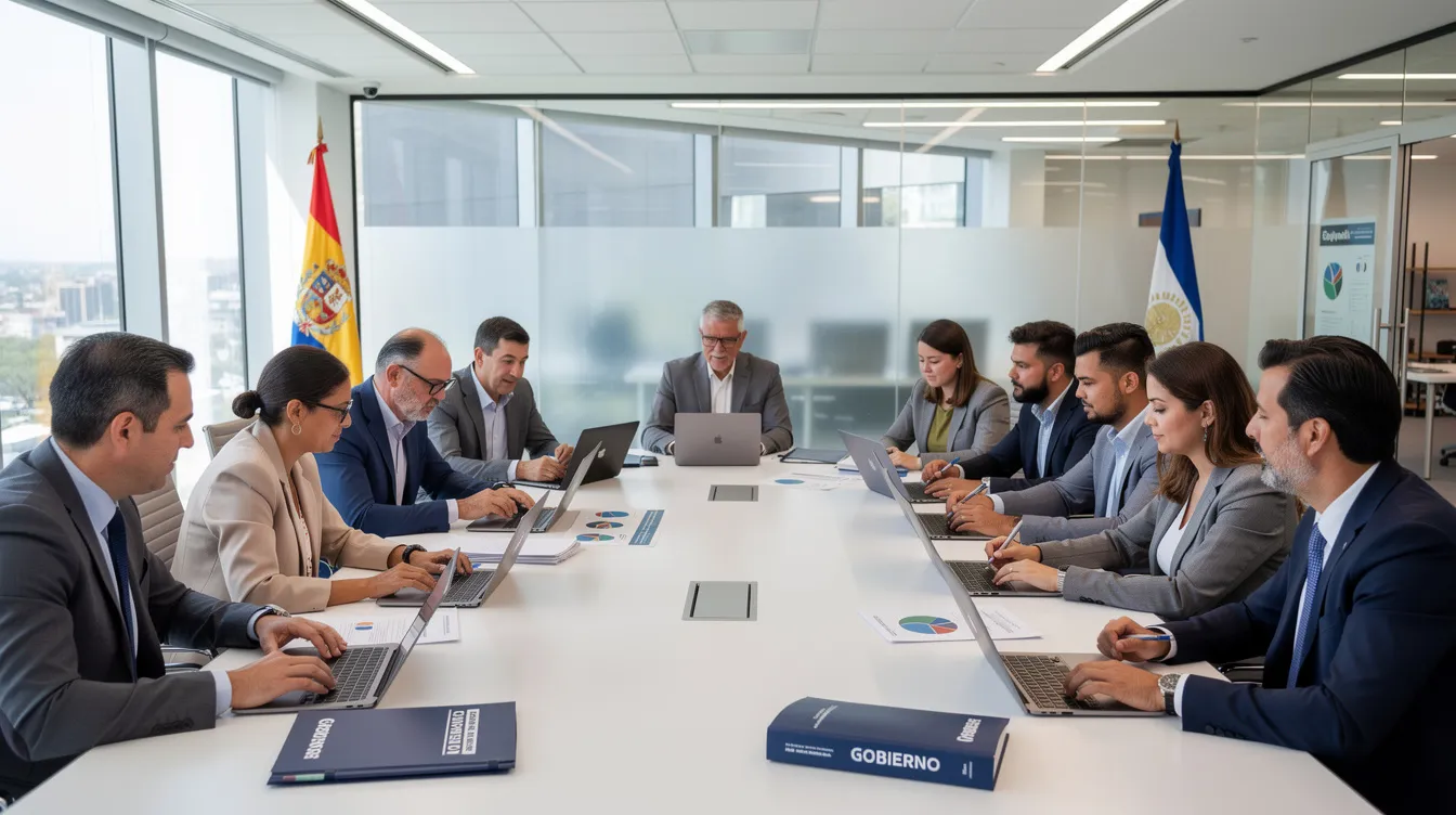 Imagen de un grupo de personas colaborando alrededor de una mesa en una oficina gubernamental moderna, donde se discuten iniciativas sobre la implementación de inteligencia artificial en la administración pública. Los participantes parecen estar analizando datos y tomando decisiones sobre proyectos que buscan mejorar los servicios públicos en América Latina.