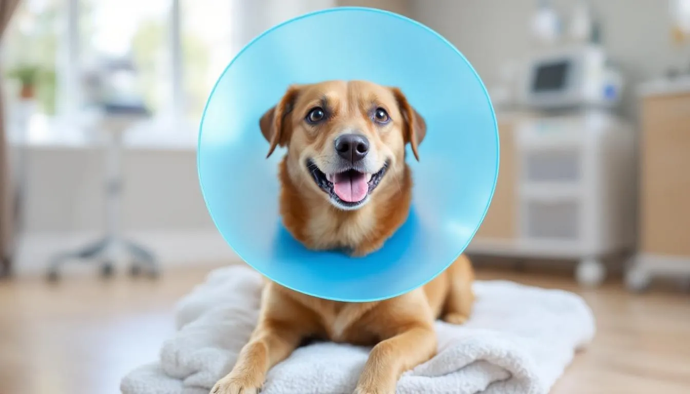 A dog wearing a protective cone collar is resting after undergoing cataract surgery, highlighting the importance of post-operative care for dogs diagnosed with cataracts. The cone collar helps prevent the dog from disturbing its eyes as it recovers from the surgical removal of the cataract, which can significantly affect the dog