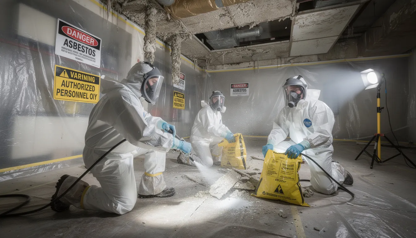 The image shows professional asbestos removal workers in full protective suits and respirators, carefully handling asbestos contaminated material to ensure safe disposal. They are following Worksafe guidelines to minimize health risks associated with exposure to asbestos fibres, creating a safer environment for the community.
