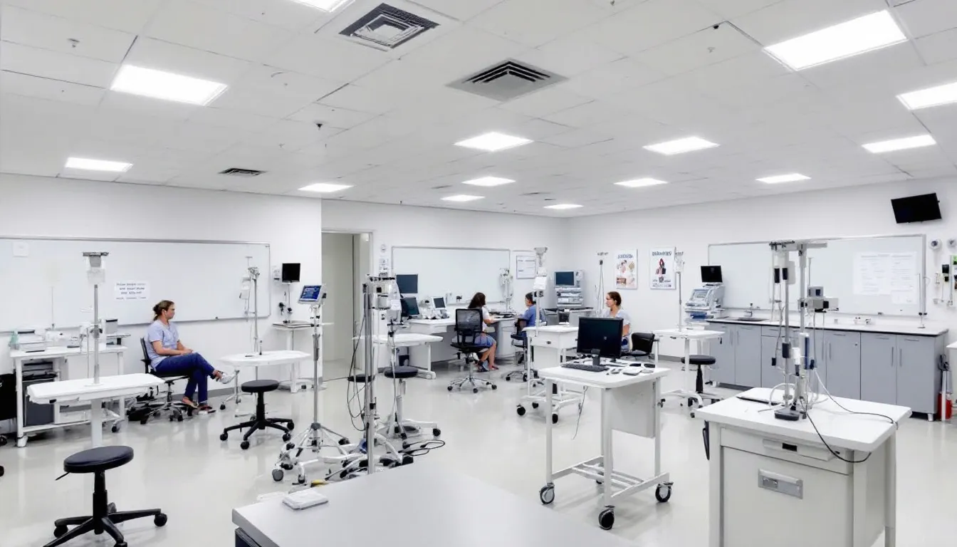 In a healthcare facility training room, students practice basic nursing skills using medical equipment in designated practice areas, preparing for careers as certified nursing assistants. The environment emphasizes hands-on experience and clinical training essential for successful completion of state certification exams and direct patient care.