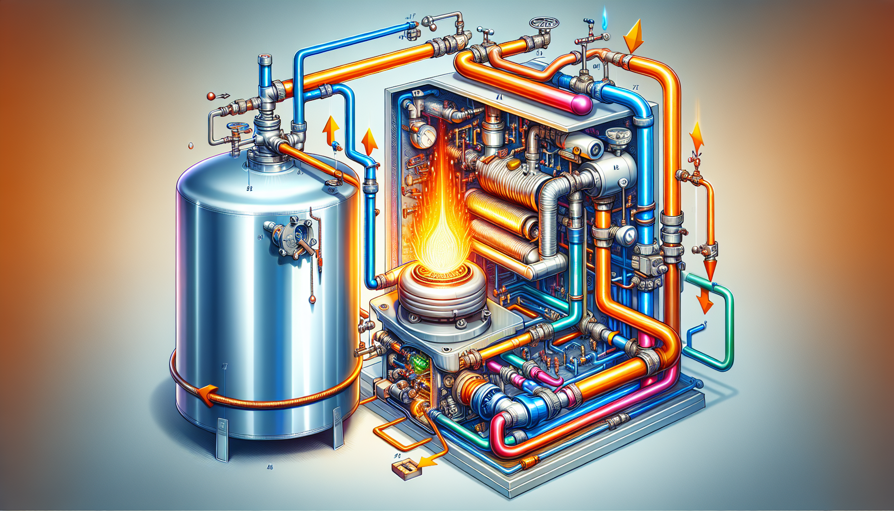 An illustration showing the components of a gas water heating system.