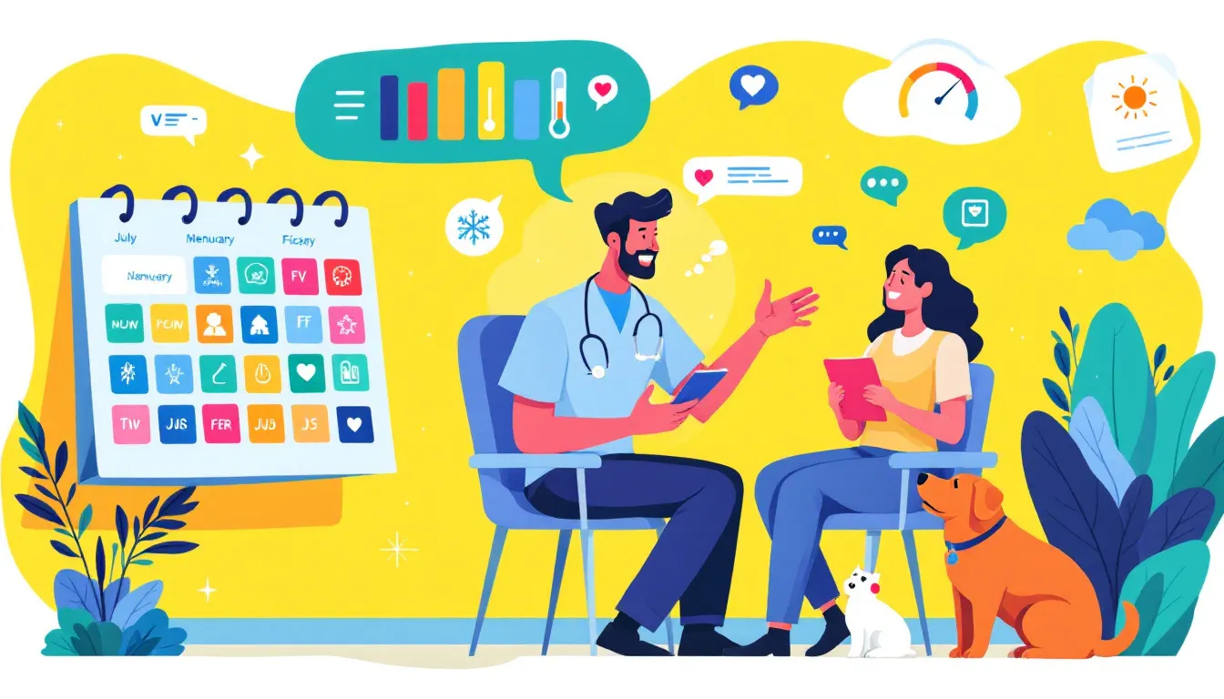 A veterinarian consulting with a pet owner about routine vet visits for their pet, emphasizing the importance of keeping your pet healthy year round.