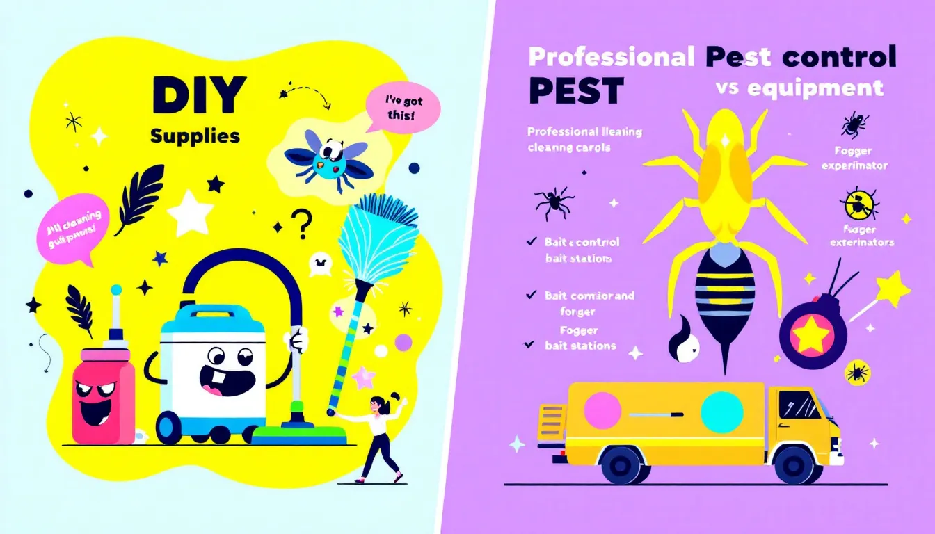A comparison of DIY cleaning supplies and professional pest control equipment.