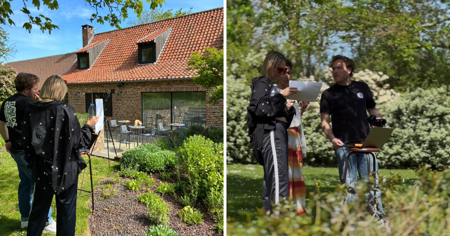 L'équipe Wilsa Garden avec le photographe pendant un shooting photo extérieur de mobilier de jardin à Tournai