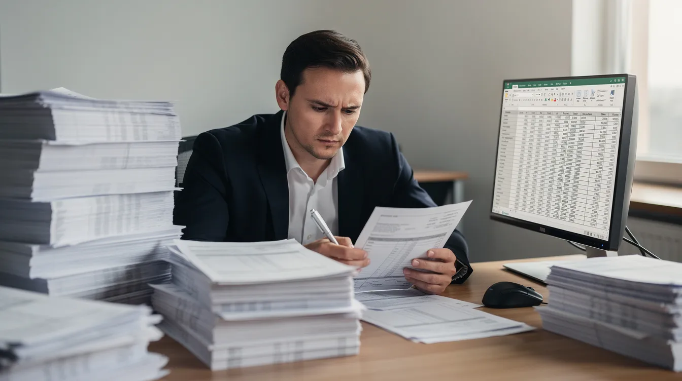 A business professional at a desk with paper invoices and document processing software, illustrating data extraction and automation.