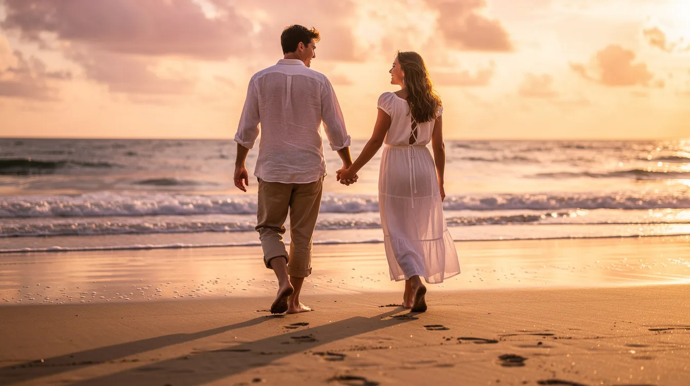 A couple in love is walking hand in hand along a sandy beach, enjoying a romantic moment together. Their connection reflects the joy of dating in the modern age, where online dating and dating apps can help singles find meaningful relationships.