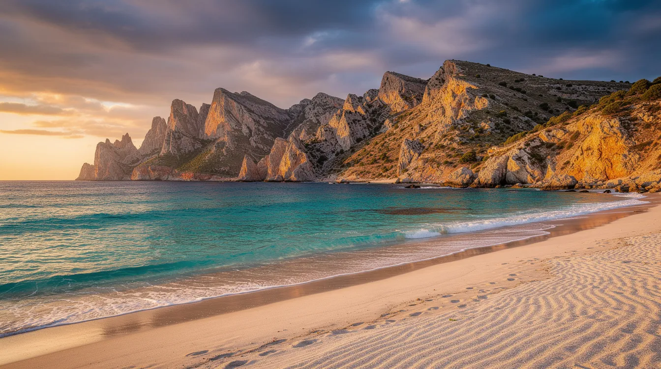 The image depicts a stunning Spanish landscape featuring a beach with vibrant turquoise waters in the foreground, complemented by dramatic mountainous terrain in the background. This picturesque scene highlights the Mediterranean climate and the natural beauty that attracts many expats to consider living in Spain, particularly along the famous Costa del Sol.