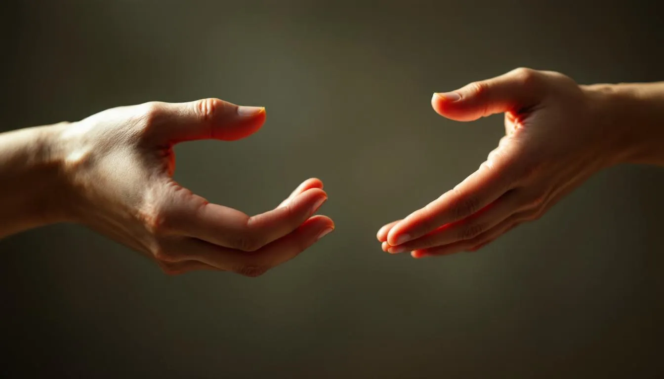 In this image, two hands are reaching toward each other, symbolizing acceptance and love, embodying the essence of „Liebe“ und „Gott ist Liebe.“ The gentle gesture reflects a deep connection and the call for „Nächstenliebe“ among all Menschen.