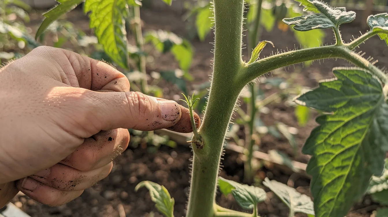 A close-up view of a gardener's hand, with the thumb and index finger pointing at a small sucker shoot emerging from the leaf axils of a tomato plant. This shoot, if left unpruned, can divert the plant's energy away from fruit production, impacting the yield of heirloom tomatoes and other indeterminate varieties.