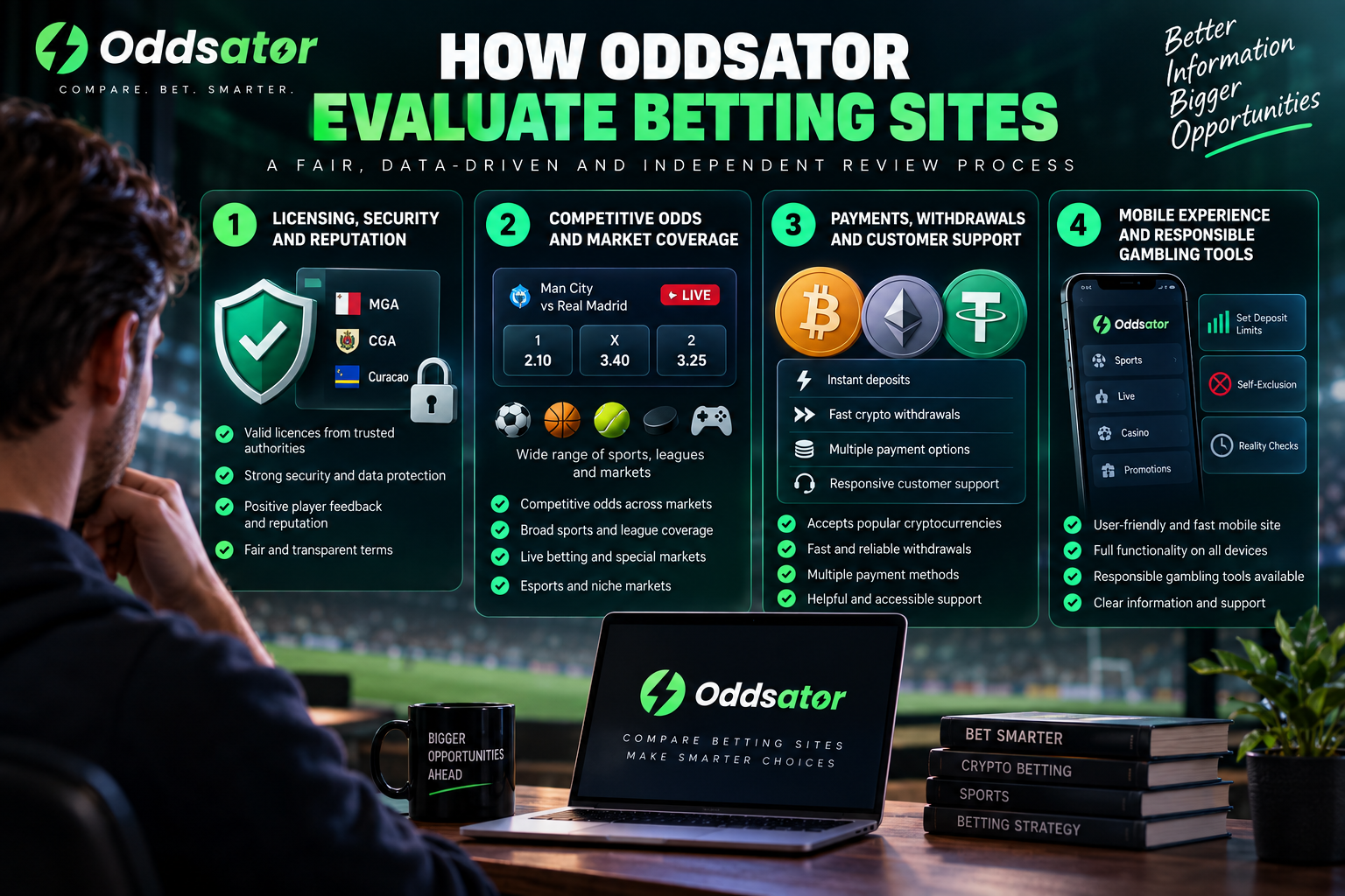 Oddsator infographic explaining how betting sites are evaluated based on licensing, odds, payments, security and responsible gambling tools.