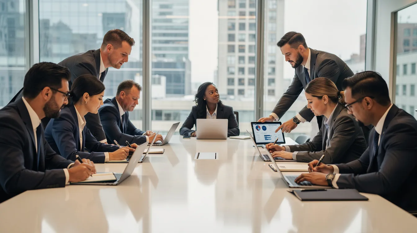 The image depicts a group of senior executives collaborating around a conference table, engaged in strategic planning with notebooks and laptops in front of them. They are discussing key strategic priorities and objectives, emphasizing the importance of aligning their corporate strategy to achieve long-term business success.