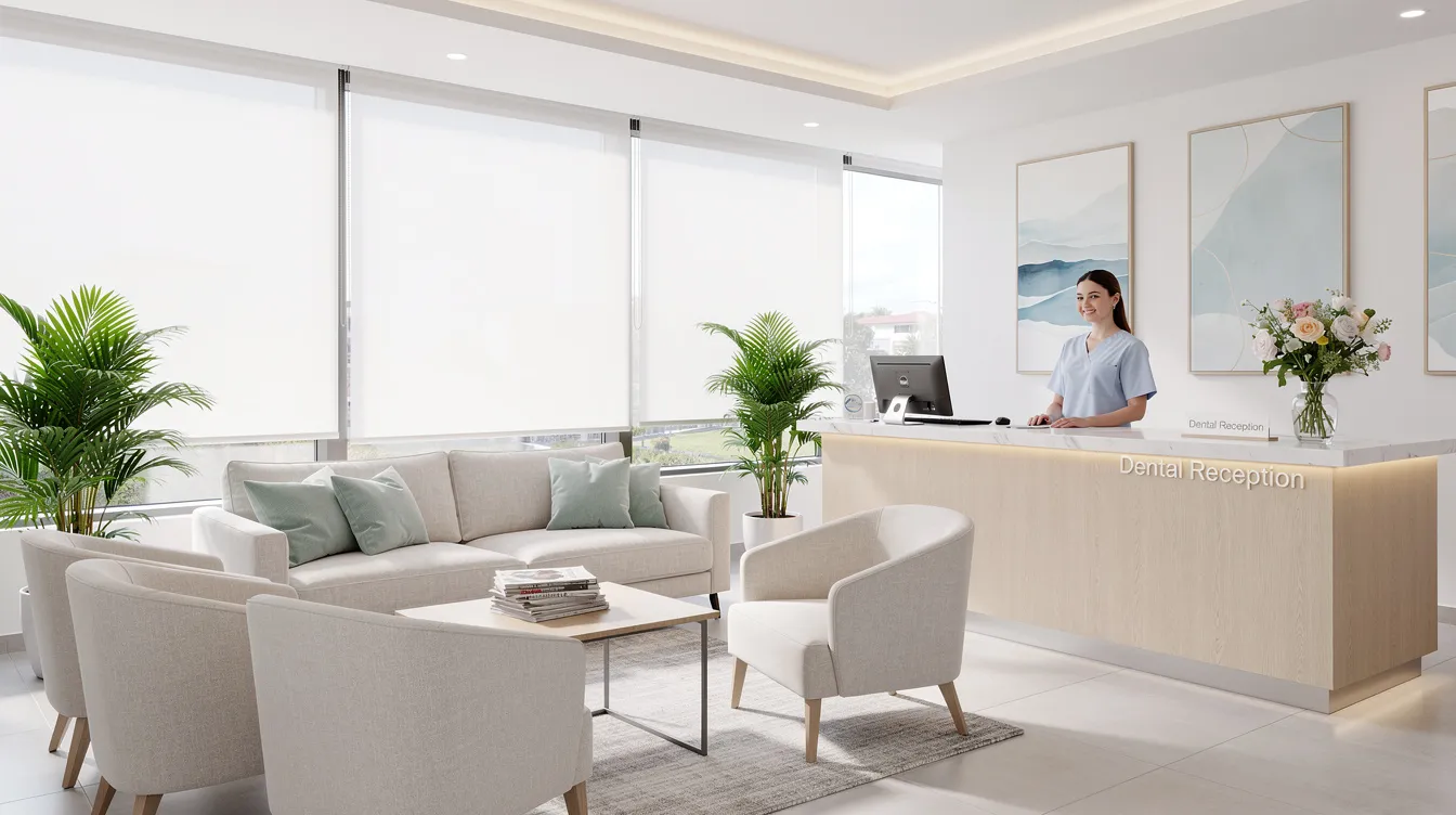 The image depicts a modern dental office reception area, featuring stylish and comfortable seating that creates a welcoming atmosphere for patients. This inviting space reflects a commitment to oral health and cosmetic dentistry, making it an ideal place for those seeking treatments like gummy smile correction or gum contouring.