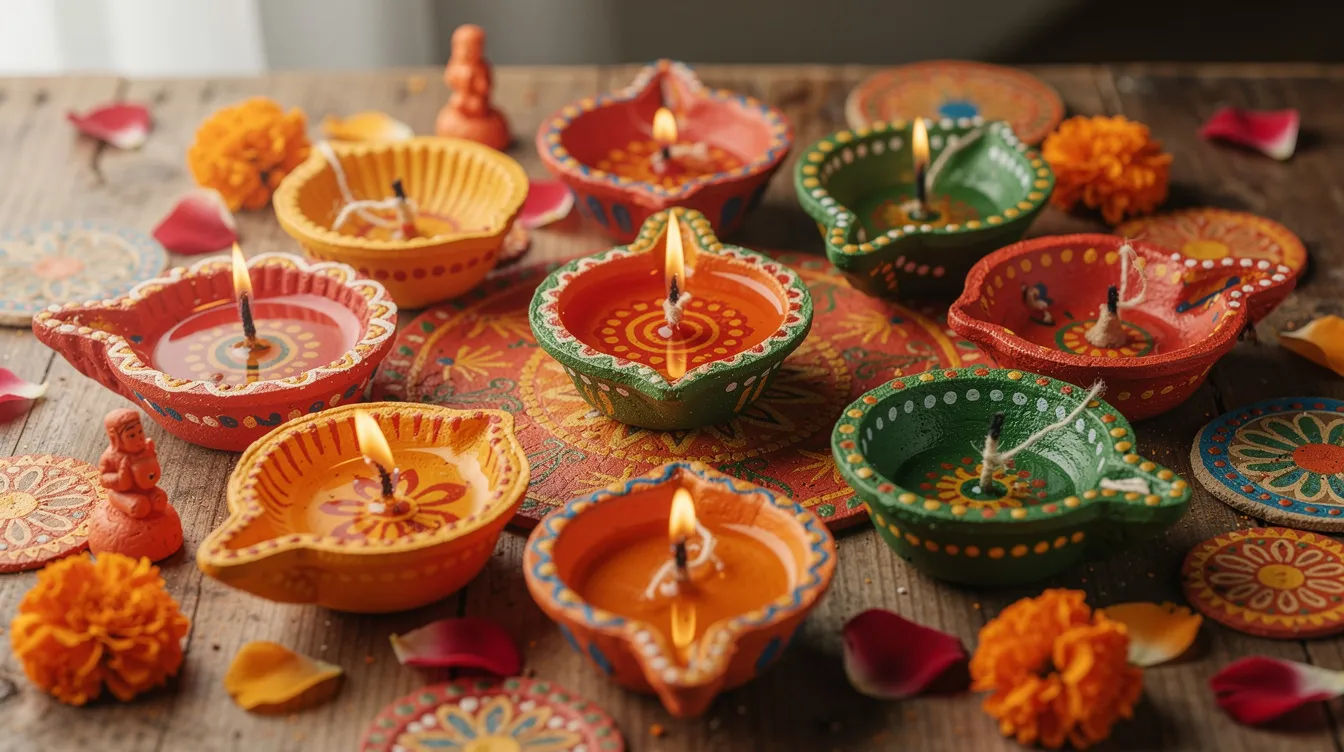 990d187e 04c4 429e 8208 2dad7cb5aeed The image showcases a vibrant arrangement of colorful handmade clay and cow dung diyas, along with decorative items, placed on a wooden table adorned with fresh flowers. This display highlights the beauty of eco-friendly products and sustainable practices, emphasizing the growing demand for organic materials in decorative arts.