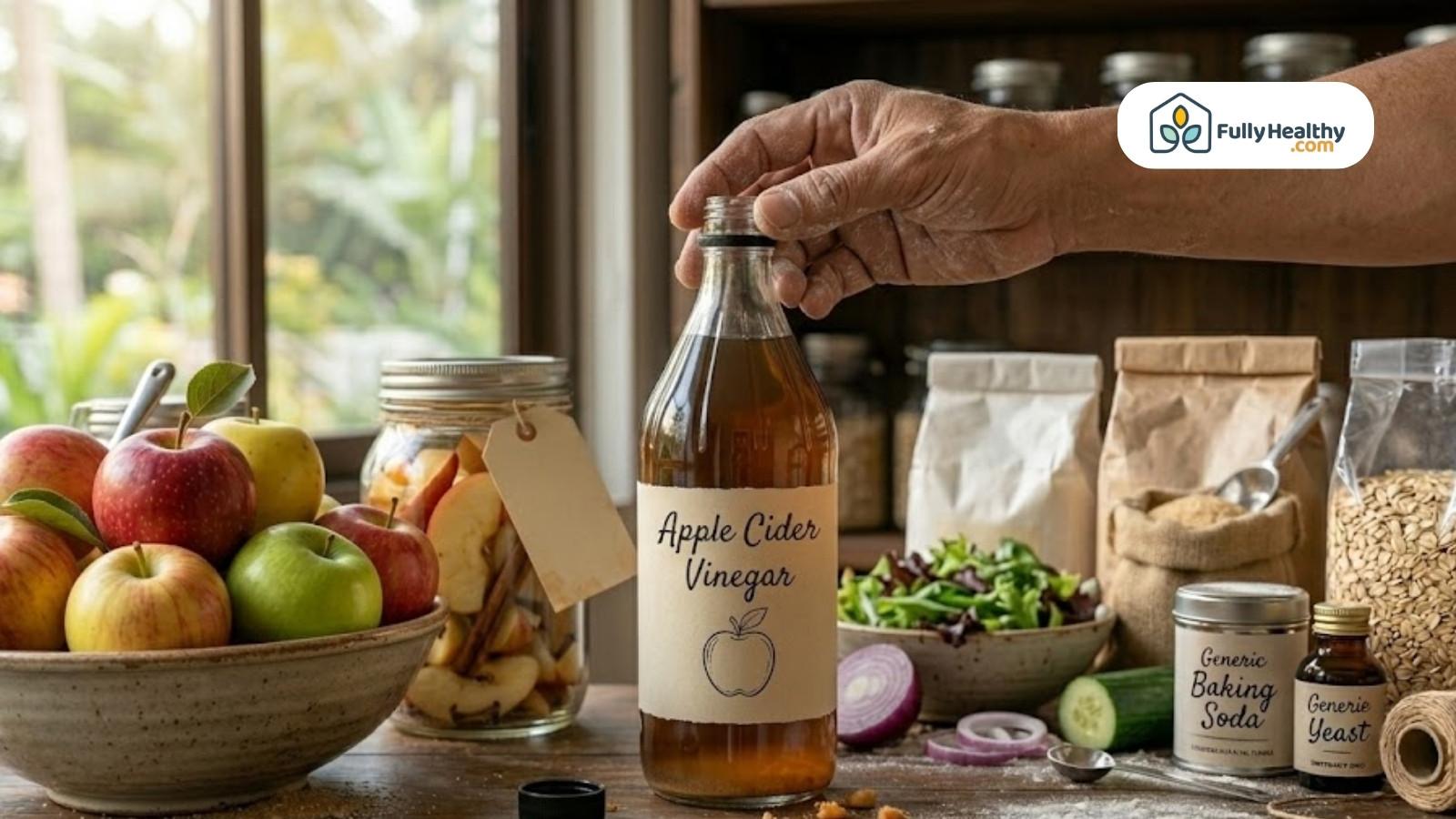Hand opening apple cider vinegar bottle beside fresh produce