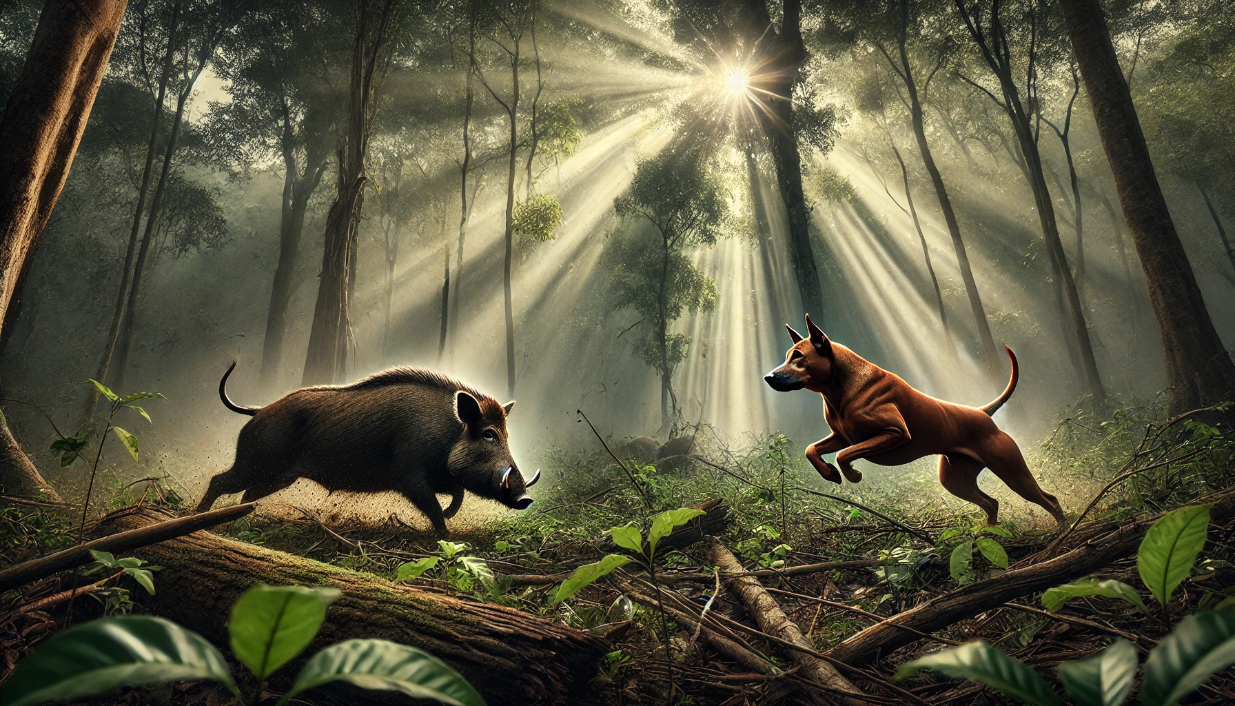 An image of a Thai Ridgeback hunting its historical prey, the boar