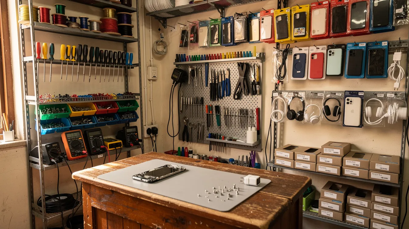 The image shows a small electronics repair shop with various tools and accessories neatly displayed on shelves, creating a functional and organized workspace for technicians. This setting highlights the importance of small businesses like this one, which may seek financial support through loans for equipment and operational costs.