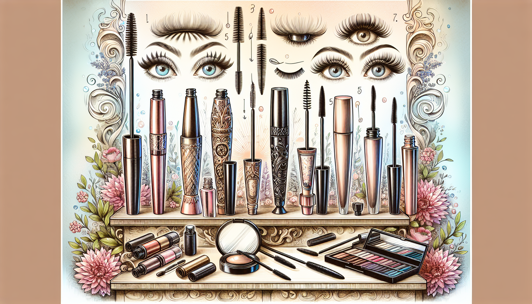 A drawing of various mascara products and their application.