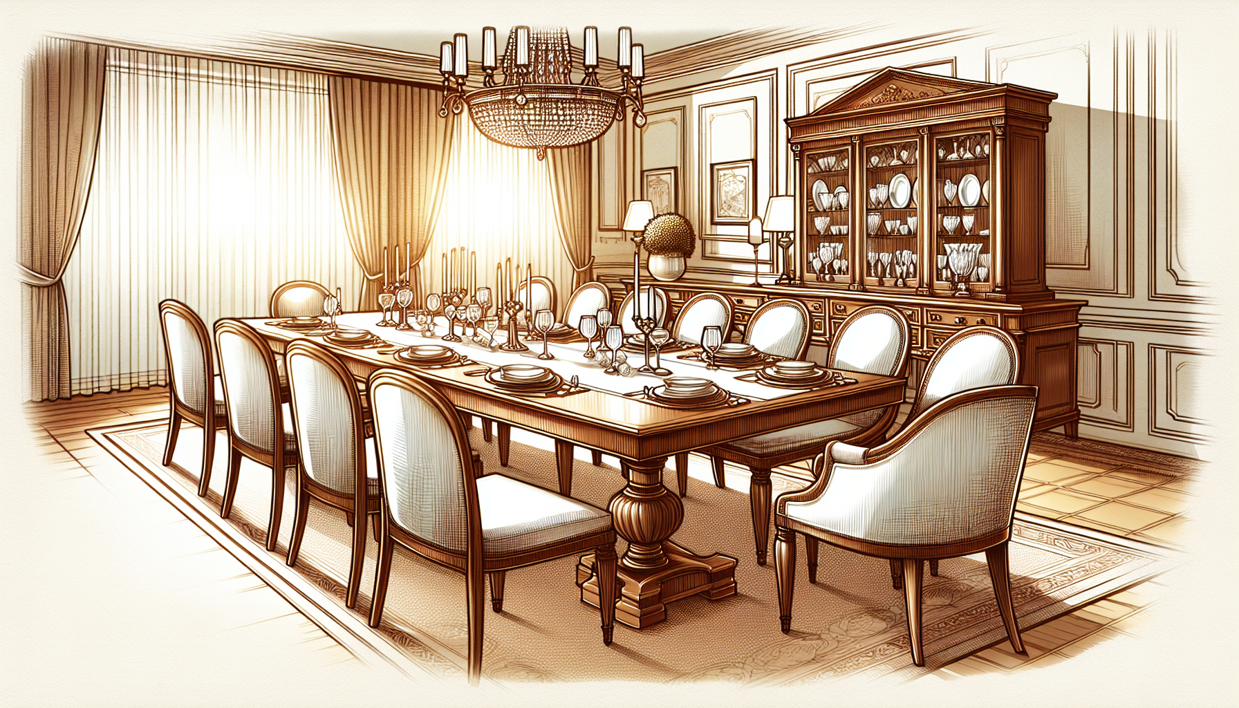 A dining table with chairs in a spacious dining room