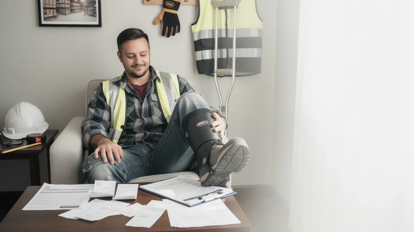 The image depicts a blue-collar worker recovering from a serious foot injury at home, wearing a walking boot and surrounded by medical bills and workers' compensation paperwork. Nearby, a doctor&rsquo;s note and claims-related documents emphasize the themes of medical treatment and wage loss benefits associated with their workers' compensation claim.