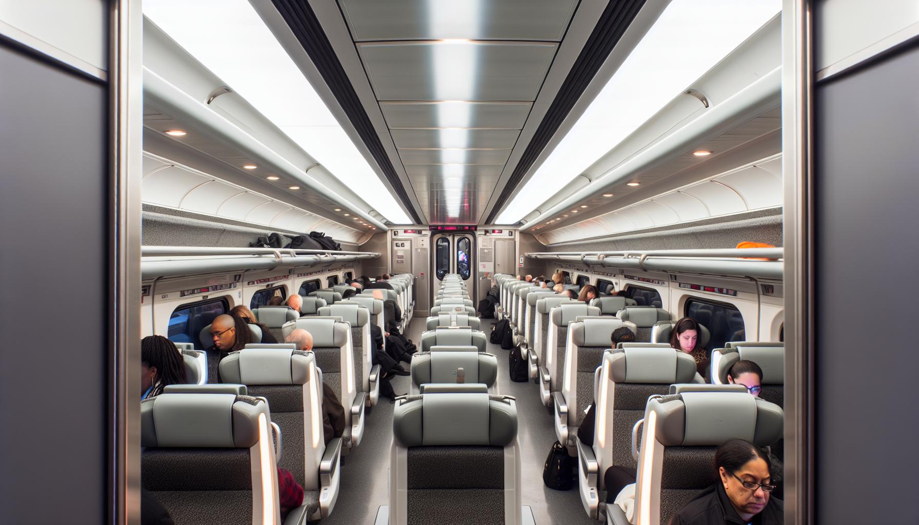 Interior of Amtrak train with comfortable seating and power outlets