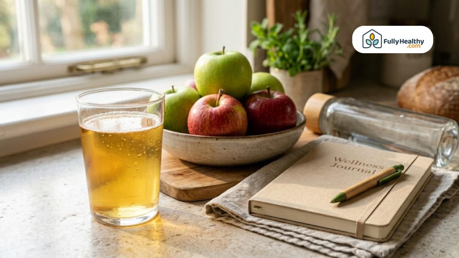 Glass of apple juice with fresh apples and wellness journal nearby