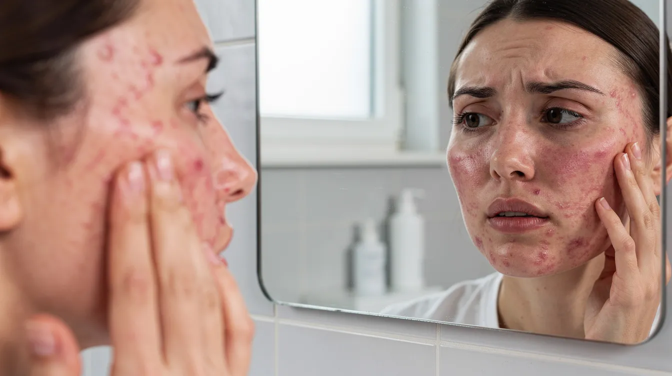 Person checking retinol burn irritation in a calm bathroom mirror