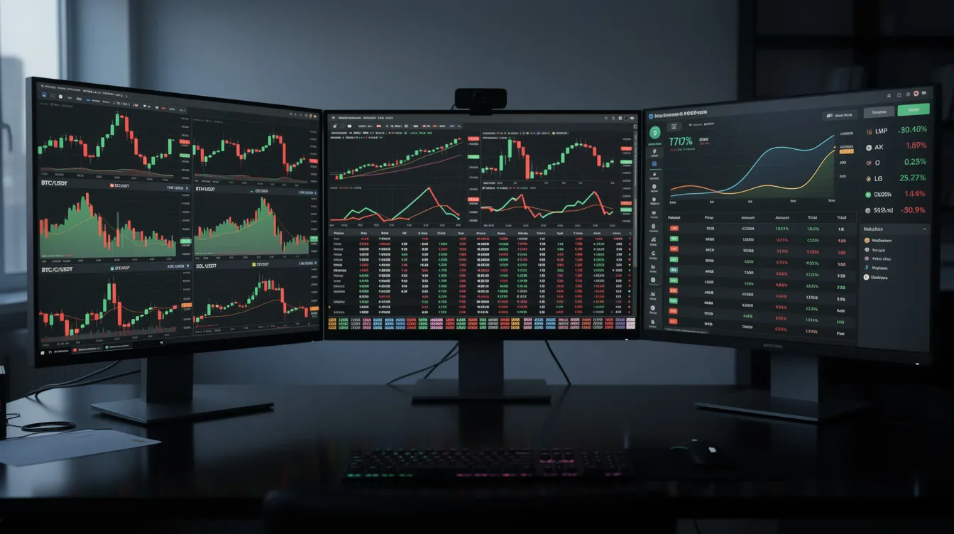 The image displays multiple financial trading screens showcasing various cryptocurrency price charts side by side, ideal for experienced traders. These screens highlight different trading pairs, providing insights into market movements and potential profits in a secure trading environment.