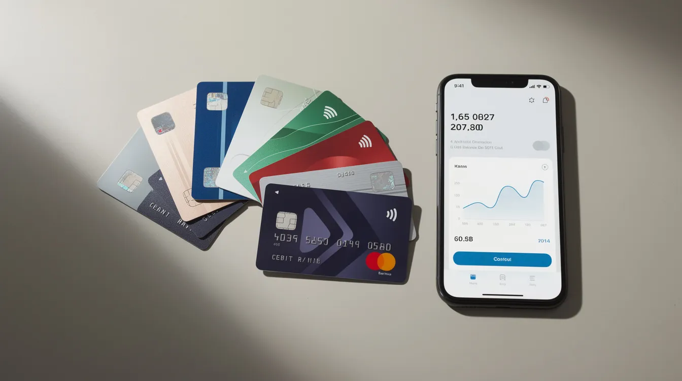 The image shows a variety of credit and debit cards fanned out next to a smartphone, symbolizing different payment methods for online gambling. This setup emphasizes the convenience of making deposits at online casinos, including options for low minimum deposits and responsible gambling tools.