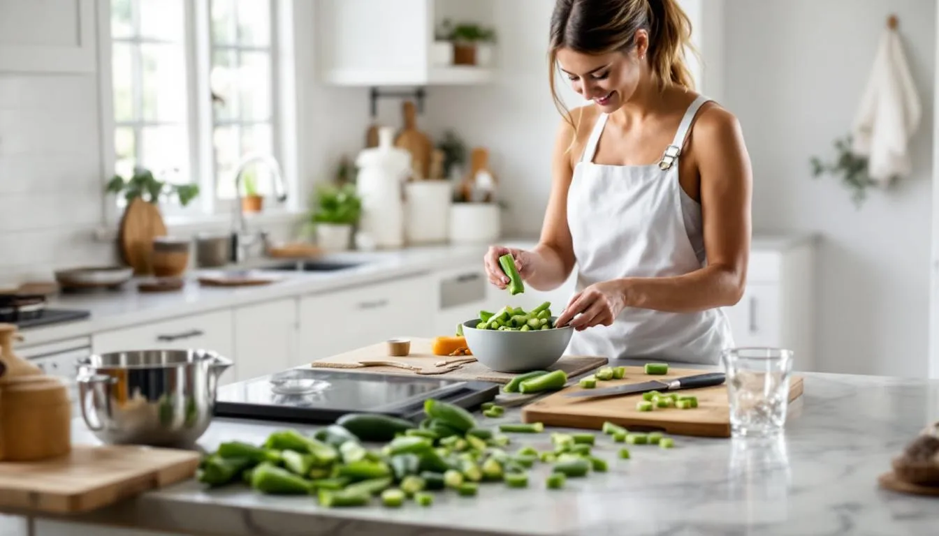In a clean kitchen, a dog owner is preparing bite-sized pieces of okra as a healthy snack for their furry friend, using various cooking utensils. This cooking process highlights the nutritional benefits of okra, which is safe for dogs when served properly.