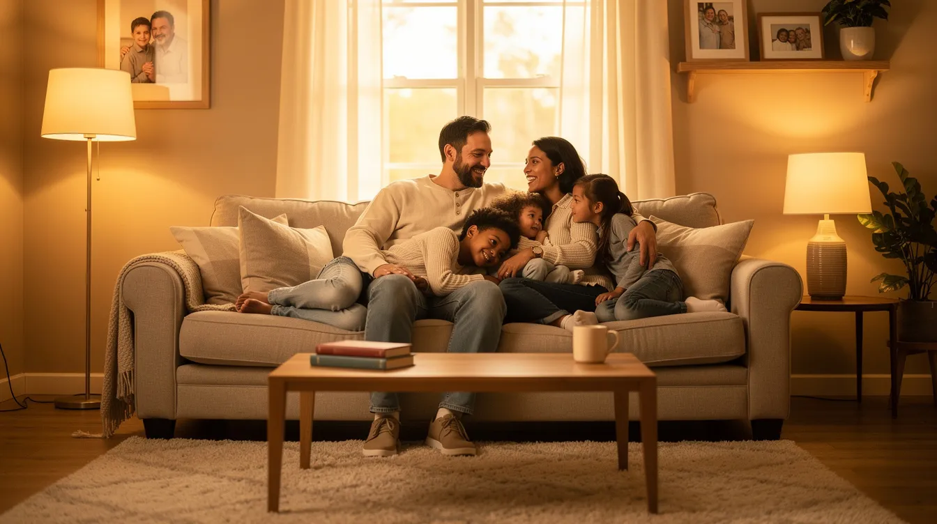A diverse family unit is gathered on a comfortable couch in a warm, well-lit living room, showcasing their strong bond and connection. This scene highlights the importance of family relationships, emphasizing the potential benefits of family therapy in strengthening their emotional well-being and resolving conflicts.