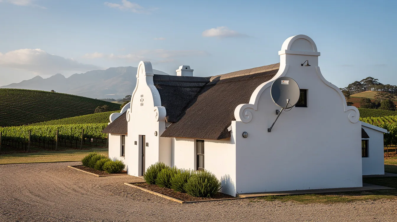 A satellite dish is mounted on the roof of a charming Cape Dutch style home, with lush vineyard hills rolling in the background. This picturesque scene highlights the integration of modern dstv installation services in a scenic setting, perfect for enjoying multichoice channels amidst the beauty of Franschhoek.
