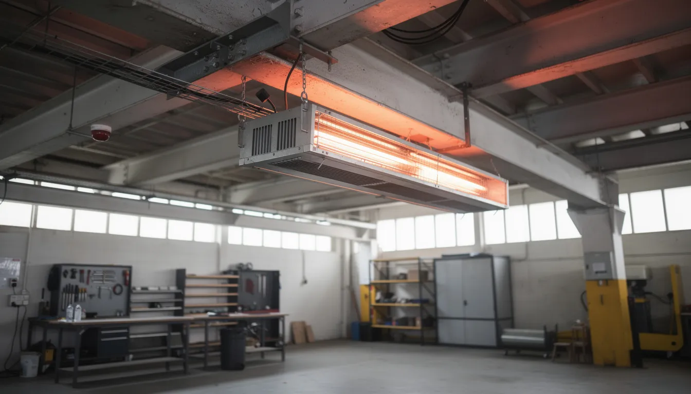 The image shows an industrial radiant heater mounted on ceiling beams in a workshop, providing efficient heating for the commercial space. This heating appliance is designed to transfer heat effectively, contributing to energy efficiency in the environment.