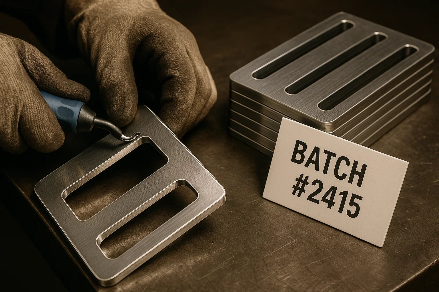 Deburring CNC-cut stainless steel parts to prepare for fabrication.