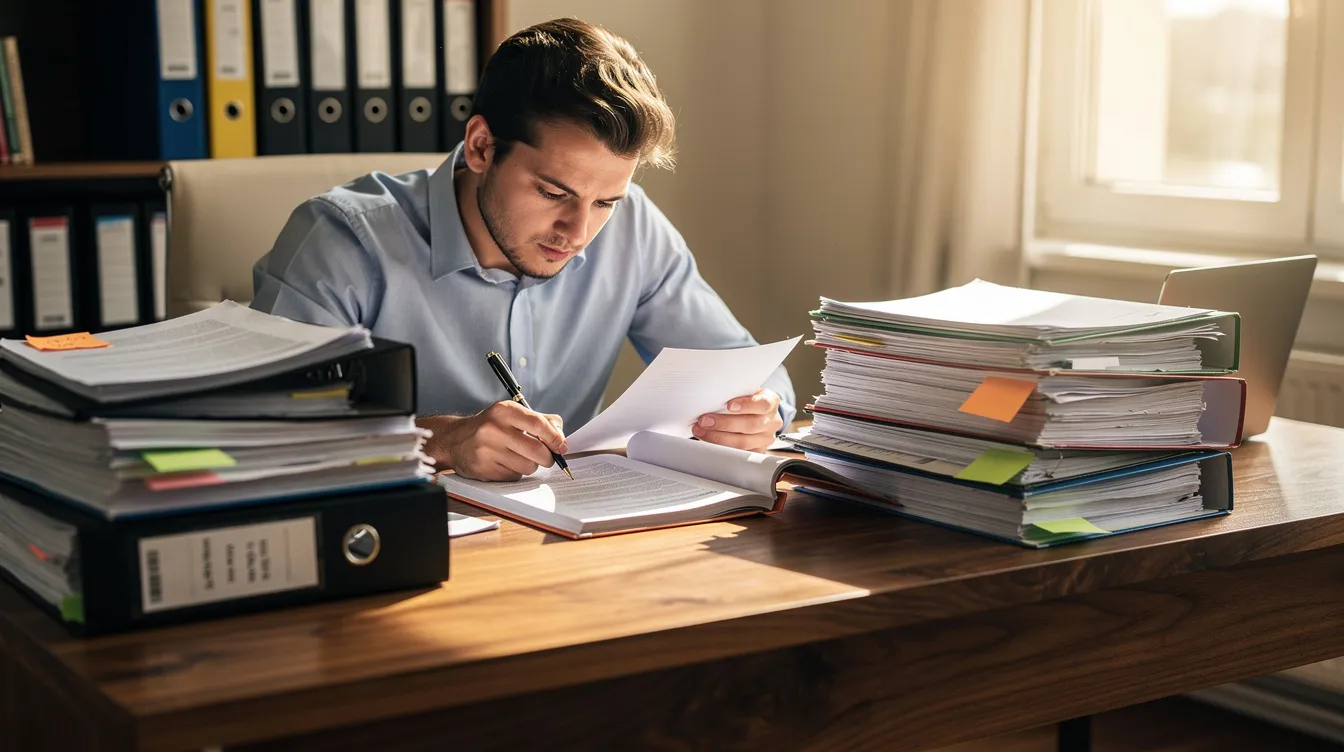 The image depicts a person meticulously reviewing stacks of documents and folders on a wooden desk, likely related to legal or financial issues in the context of buying or selling a business. This scene reflects the complex process of due diligence, where various legally binding documents and financial records are assessed to ensure a smooth transaction.