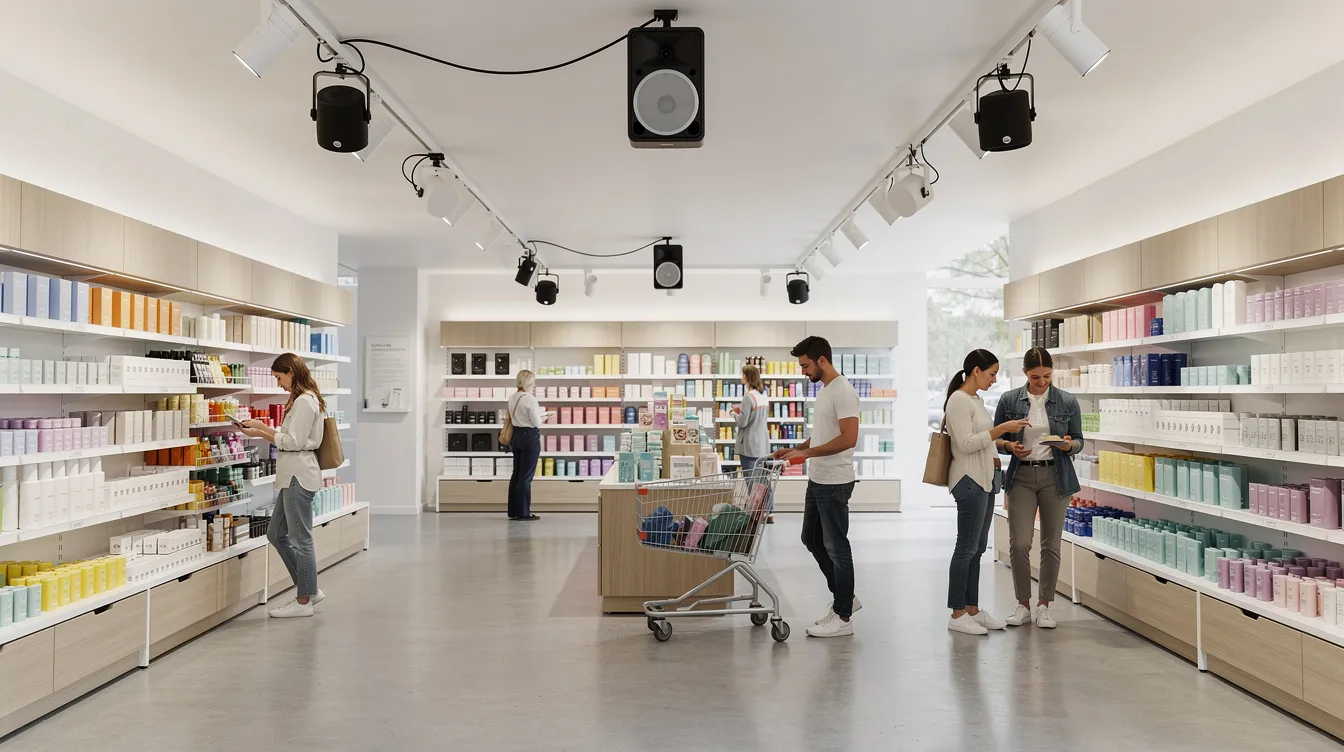 In einem modernen Einzelhandelsladen mit klarem Design sind sichtbare Lautsprecher an der Decke installiert, während Kunden entspannt beim Einkaufen sind. Die Atmosphäre wird durch sanfte Musik untermalt, die aus den Lautsprechern erklingt und das Einkaufserlebnis angenehm gestaltet.