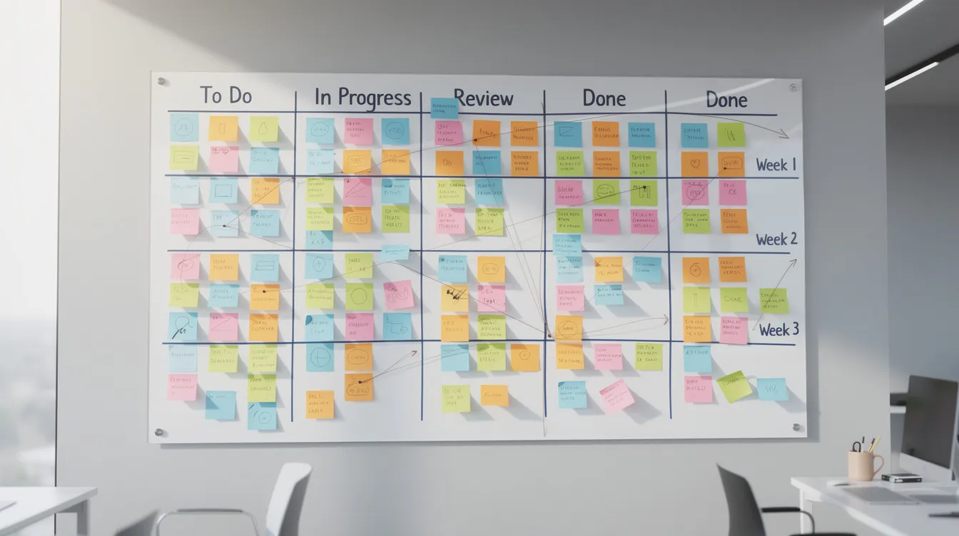 Un tableau de planification couvert de notes autocollantes colorées.