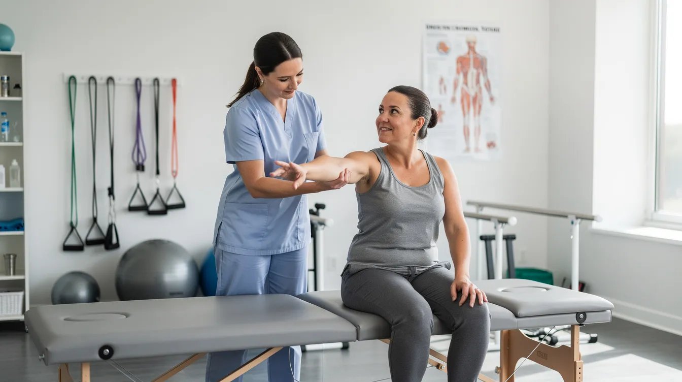 The image depicts a physical therapy session, where a patient is receiving treatment from a therapist, focusing on rehabilitation after a car accident. This session highlights the importance of medical treatment for car accident victims, as they often deal with pain and suffering, medical bills, and the need for fair compensation in their personal injury lawsuit.
