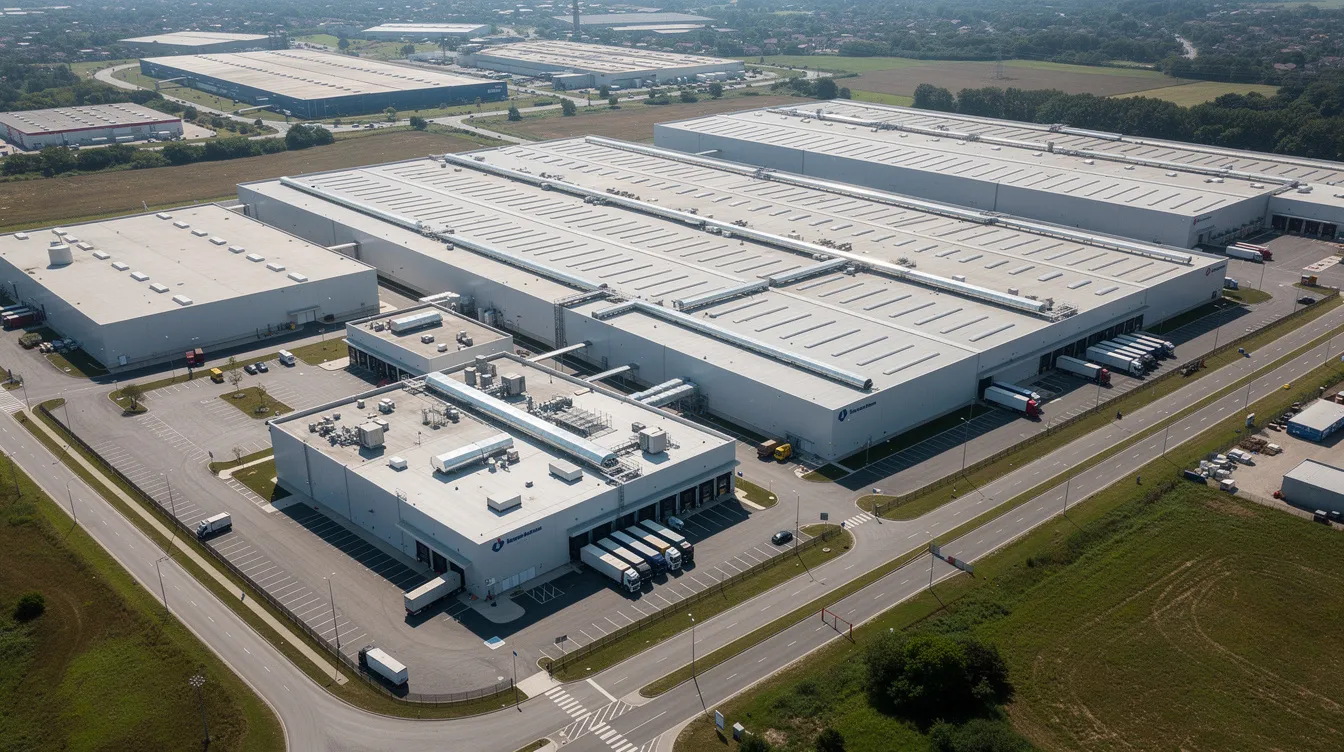 991ef655 4ec7 482f b483 081cbd65cce0 An aerial view of a medium-scale industrial food processing plant showcases several warehouses and utility buildings, all surrounded by access roads. This facility is involved in the manufacturing process of maltodextrin, utilizing raw materials like corn starch and employing techniques such as enzymatic hydrolysis and starch liquefaction.