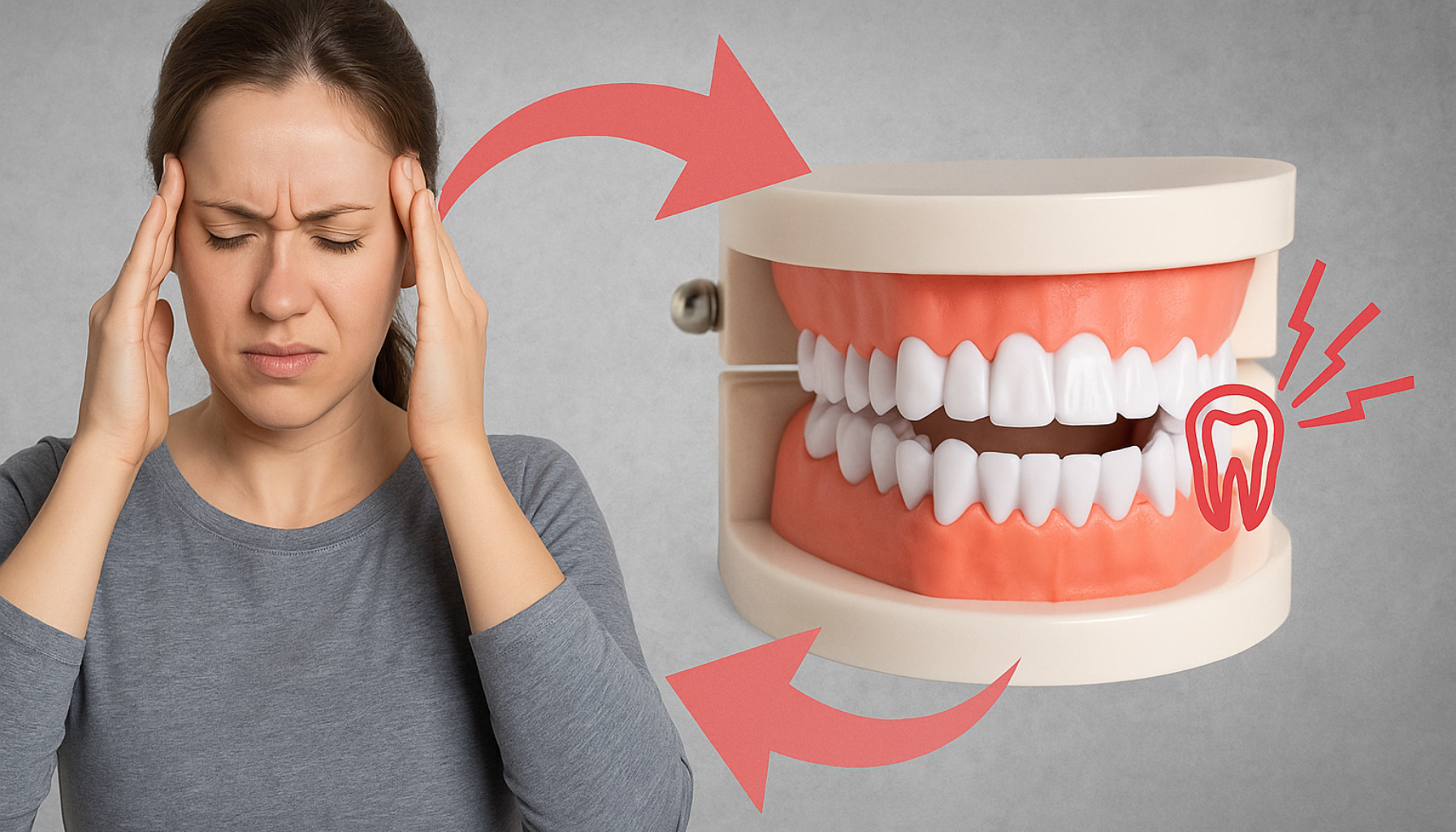 Illustrasjon viser kvinne med hodepine koblet til tannmodell med smerteikon, som symbol på stressrelaterte tannproblemer.