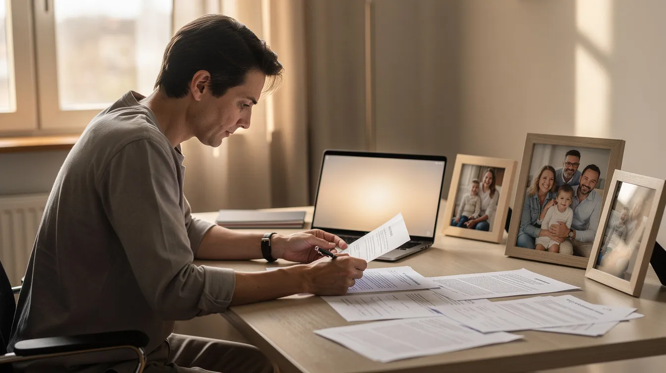 A parent sits at a desk reviewing important documents, with a laptop open and family photos displayed nearby, reflecting the importance of family law issues and legal representation in their life. This scene highlights the emotional and practical aspects of navigating child custody and immigration matters in Torrance, CA.